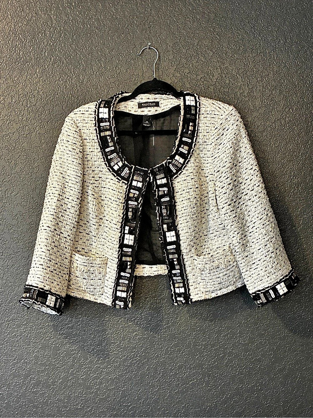 White House Black Market Bead Embellished Tweed Jacket White & Black